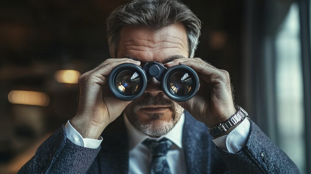 businessman using binoculars to observe surroundings during a city event in the evening